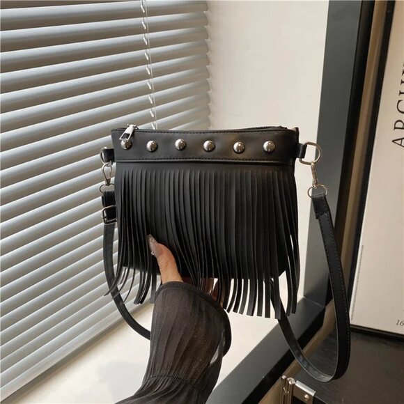 2/$30 Black Fringe Crossbody Leather Bag with Stud Accents Boho Shoulder Purse - Picture 1 of 5